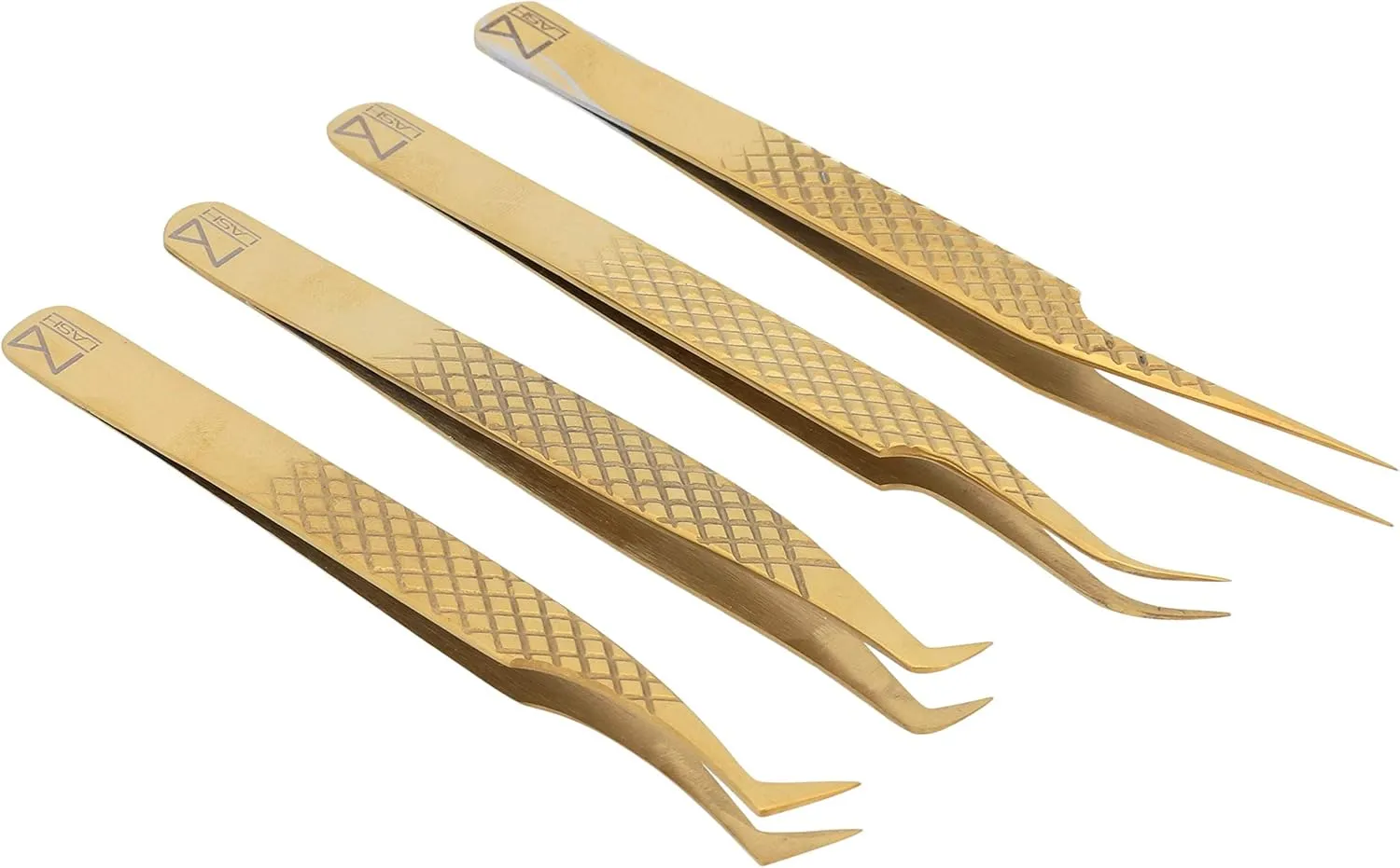 M LASH Eyelash Extension Tweezers (Set of 4) - Professional & Precision Lash Tweezers for Eyelash Extensions - Japanese Steel, Diamond Grip, Fiber Tip for Stunning Results (Gold)