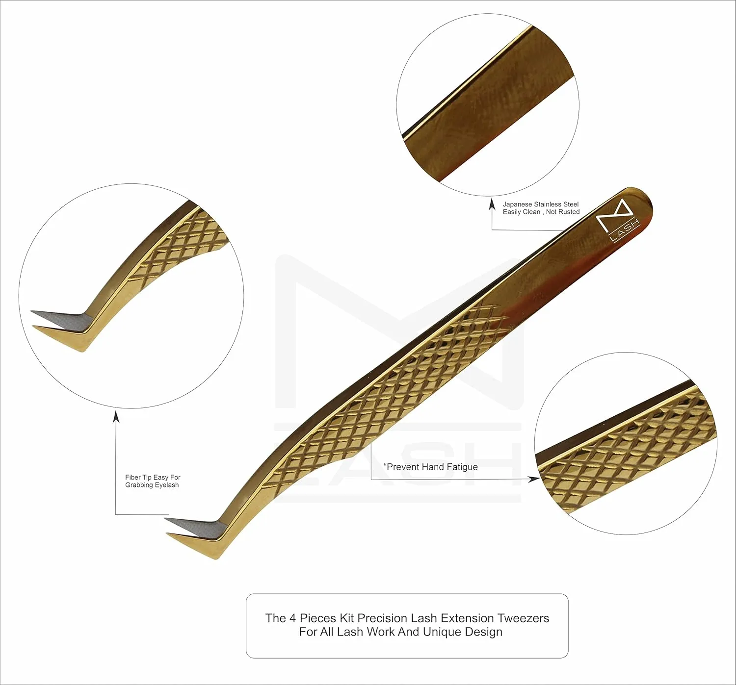 M LASH Eyelash Extension Tweezers (Set of 4) - Professional & Precision Lash Tweezers for Eyelash Extensions - Japanese Steel, Diamond Grip, Fiber Tip for Stunning Results (Gold)