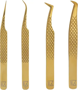 M LASH Eyelash Extension Tweezers (Set of 4) - Professional & Precision Lash Tweezers for Eyelash Extensions - Japanese Steel, Diamond Grip, Fiber Tip for Stunning Results (Gold)