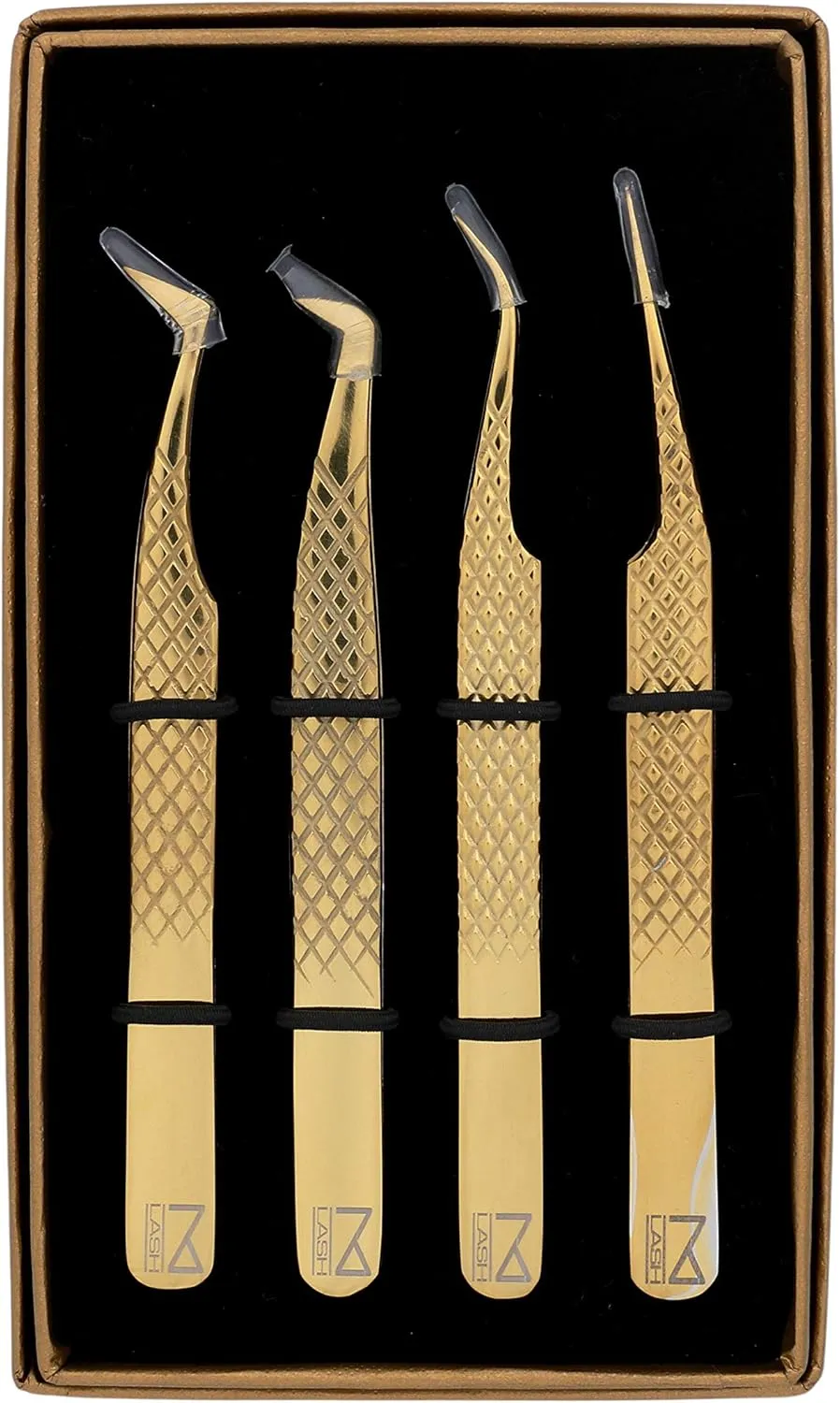 M LASH Eyelash Extension Tweezers (Set of 4) - Professional & Precision Lash Tweezers for Eyelash Extensions - Japanese Steel, Diamond Grip, Fiber Tip for Stunning Results (Gold)