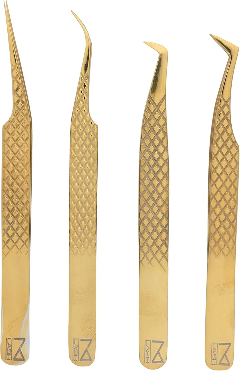 M LASH Eyelash Extension Tweezers (Set of 4) - Professional & Precision Lash Tweezers for Eyelash Extensions - Japanese Steel, Diamond Grip, Fiber Tip for Stunning Results (Gold)