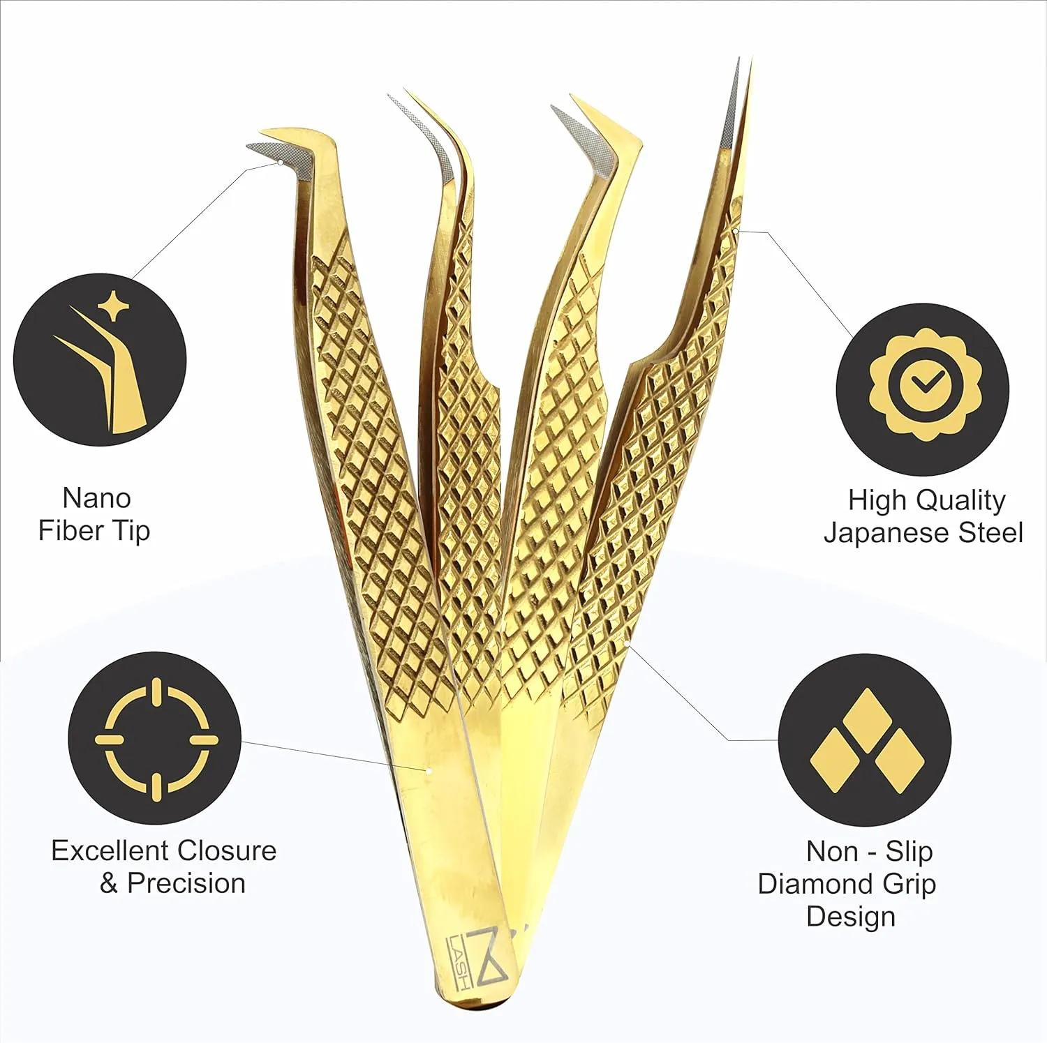 M LASH Eyelash Extension Tweezers (Set of 4) - Professional & Precision Lash Tweezers for Eyelash Extensions - Japanese Steel, Diamond Grip, Fiber Tip for Stunning Results (Gold)