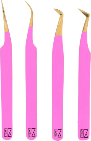 M LASH Eyelash Extension Tweezers (Set of 4) - Professional & Precision Lash Tweezers for Eyelash Extensions - Japanese Steel, Diamond Grip, Fiber Tip for Stunning Results (Pink)