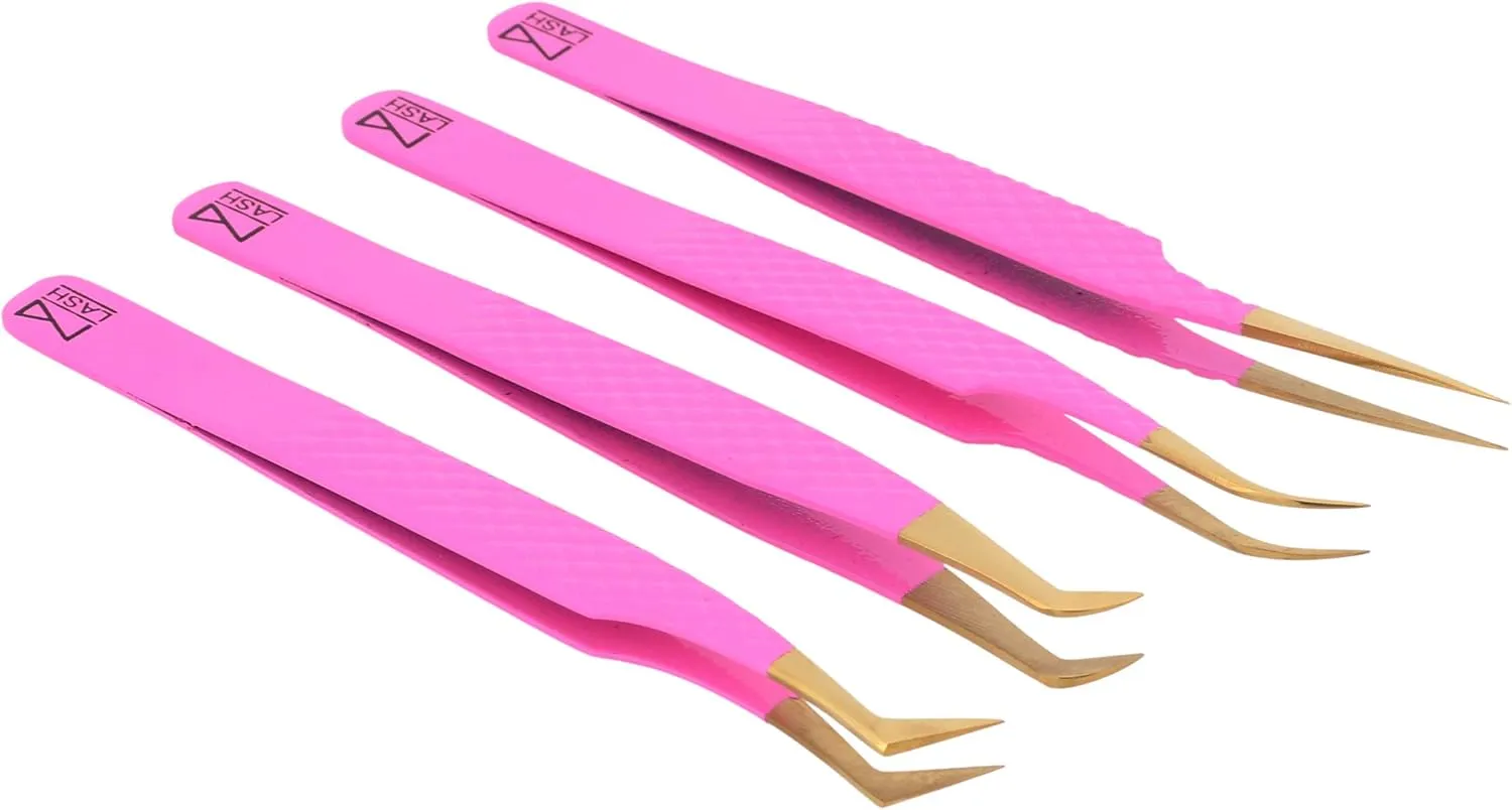 M LASH Eyelash Extension Tweezers (Set of 4) - Professional & Precision Lash Tweezers for Eyelash Extensions - Japanese Steel, Diamond Grip, Fiber Tip for Stunning Results (Pink)