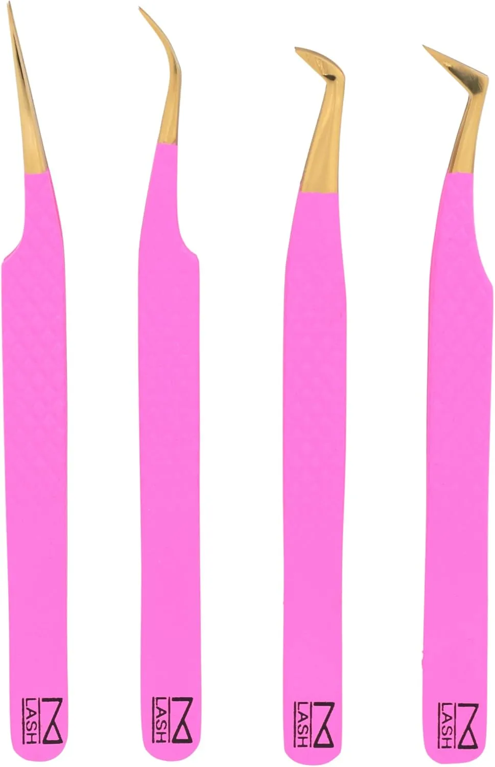 M LASH Eyelash Extension Tweezers (Set of 4) - Professional & Precision Lash Tweezers for Eyelash Extensions - Japanese Steel, Diamond Grip, Fiber Tip for Stunning Results (Pink)