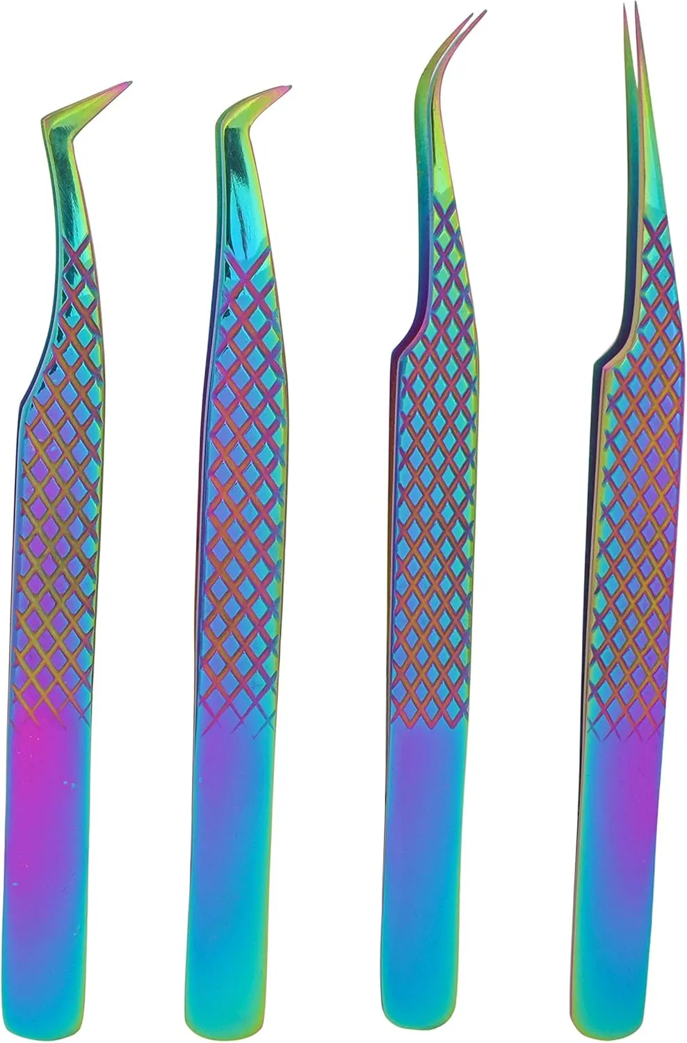 M LASH Eyelash Extension Tweezers (Set of 4) - Professional & Precision Lash Tweezers for Eyelash Extensions - Japanese Steel, Diamond Grip, Fiber Tip (Multi Color)