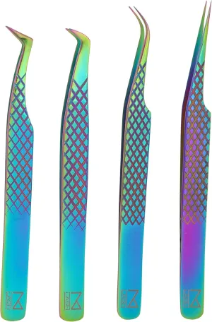 M LASH Eyelash Extension Tweezers (Set of 4) - Professional & Precision Lash Tweezers for Eyelash Extensions - Japanese Steel, Diamond Grip, Fiber Tip (Multi Color)