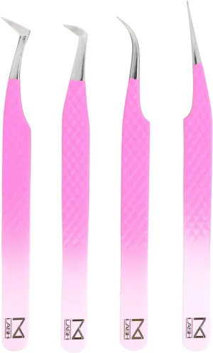 M LASH Eyelash Extension Tweezers (Set of 4) - Professional & Precision Lash Tweezers for Eyelash Extensions - Japanese Steel, Diamond Grip, Fiber Tip (PW-Ombre)