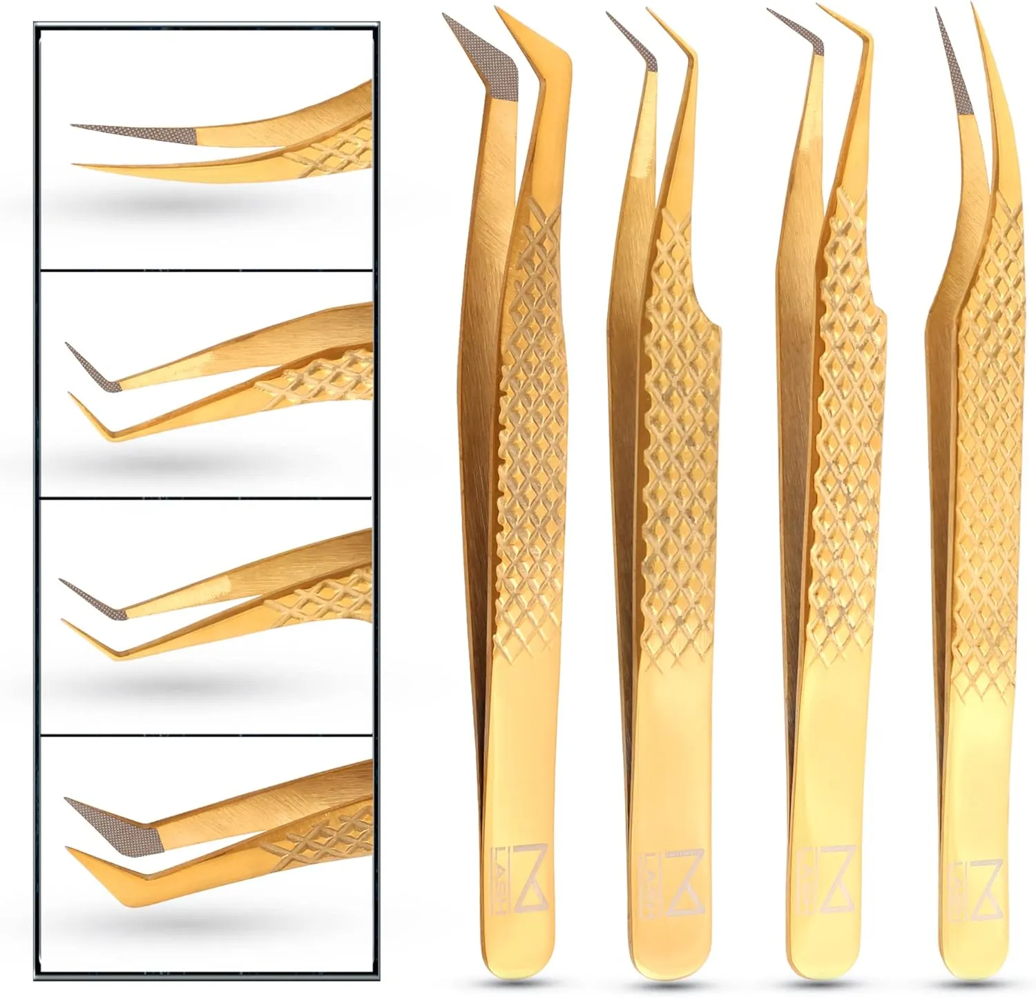 M LASH Eyelash Extension Tweezers (Set of 4) - Professional & Precision Lash Tweezers for Eyelash Extensions - Japanese Steel, Diamond Grip, Fiber Tip V5 (Gold)