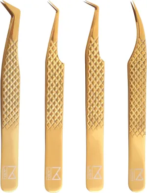 M LASH Eyelash Extension Tweezers (Set of 4) - Professional & Precision Lash Tweezers for Eyelash Extensions - Japanese Steel, Diamond Grip, Fiber Tip V5 (Gold)