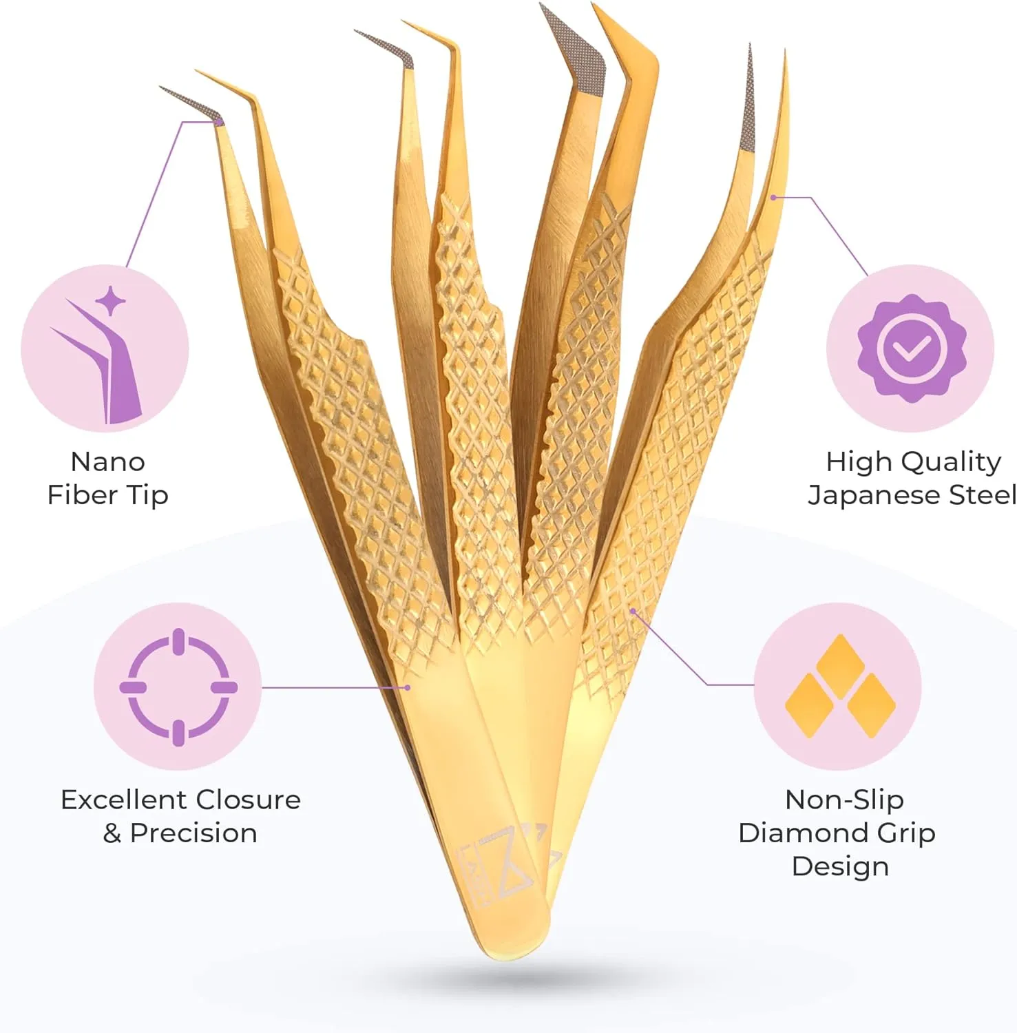 M LASH Eyelash Extension Tweezers (Set of 4) - Professional & Precision Lash Tweezers for Eyelash Extensions - Japanese Steel, Diamond Grip, Fiber Tip V5 (Gold)