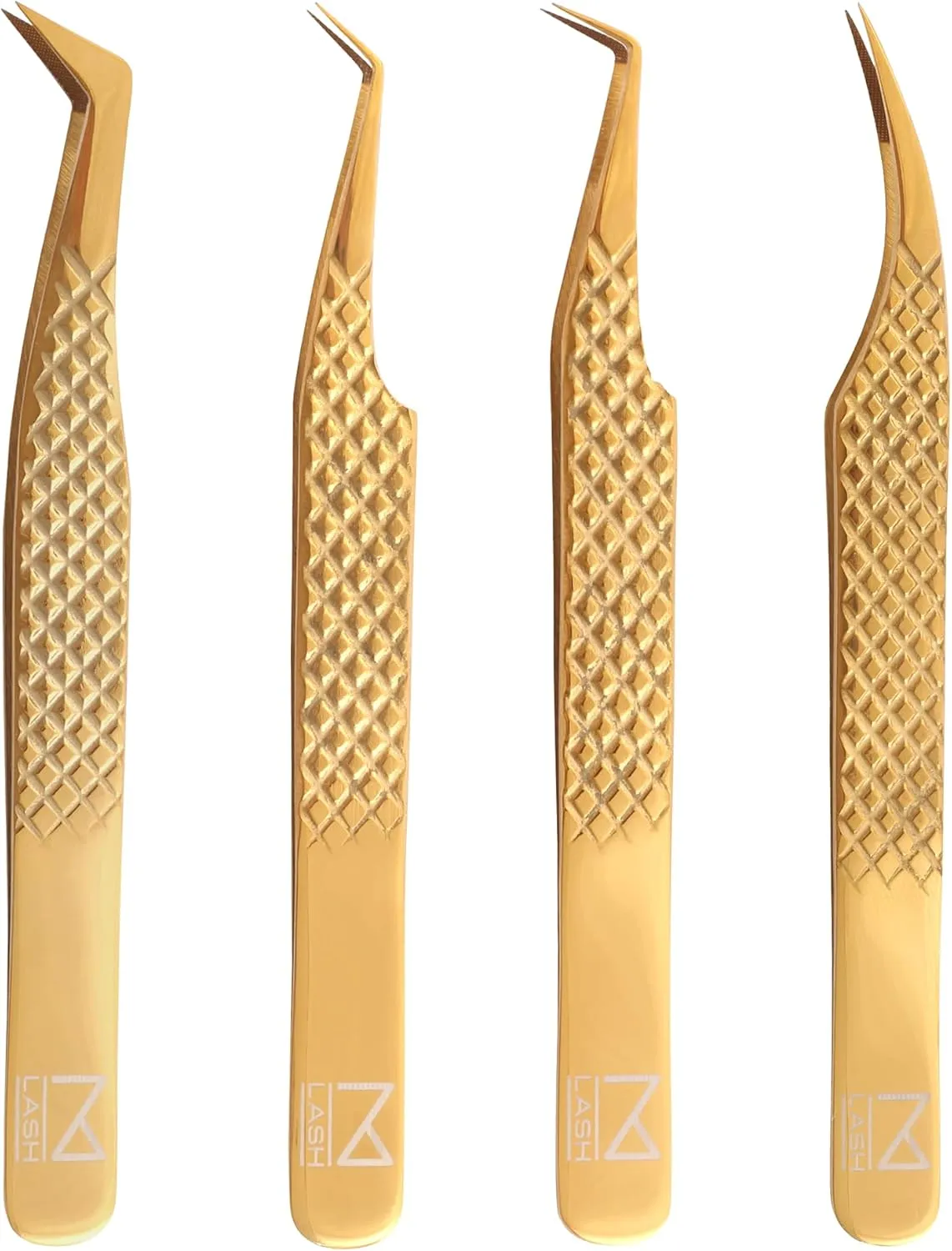 M LASH Eyelash Extension Tweezers (Set of 4) - Professional & Precision Lash Tweezers for Eyelash Extensions - Japanese Steel, Diamond Grip, Fiber Tip V5 (Gold)