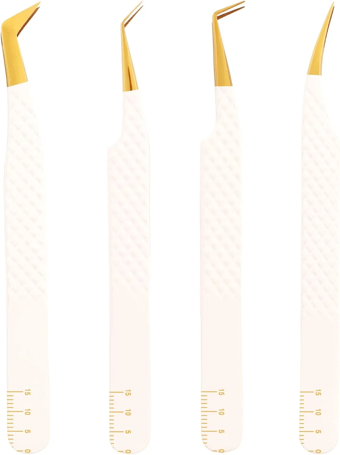 M LASH Eyelash Extension Tweezers (Set of 4) - Professional & Precision Lash Tweezers for Eyelash Extensions - Japanese Steel, Diamond Grip, Fiber Tip V5 (White)
