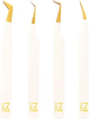 M LASH Eyelash Extension Tweezers (Set of 4) - Professional & Precision Lash Tweezers for Eyelash Extensions - Japanese Steel, Diamond Grip, Fiber Tip V5 (White)