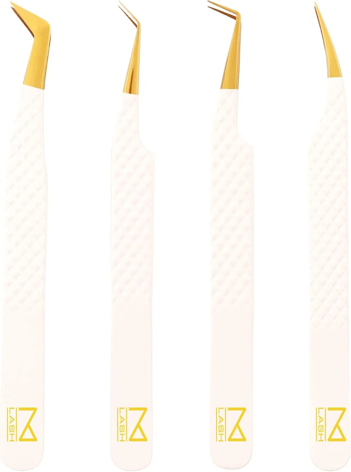 M LASH Eyelash Extension Tweezers (Set of 4) - Professional & Precision Lash Tweezers for Eyelash Extensions - Japanese Steel, Diamond Grip, Fiber Tip V5 (White)