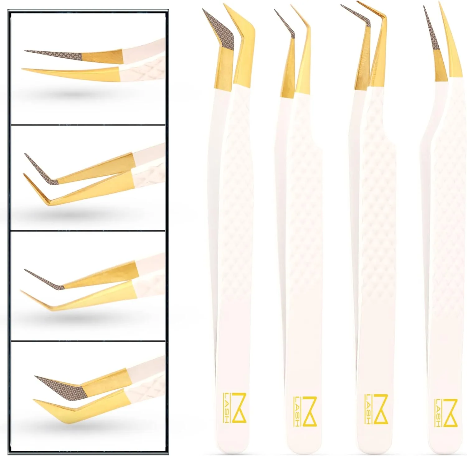 M LASH Eyelash Extension Tweezers (Set of 4) - Professional & Precision Lash Tweezers for Eyelash Extensions - Japanese Steel, Diamond Grip, Fiber Tip V5 (White)