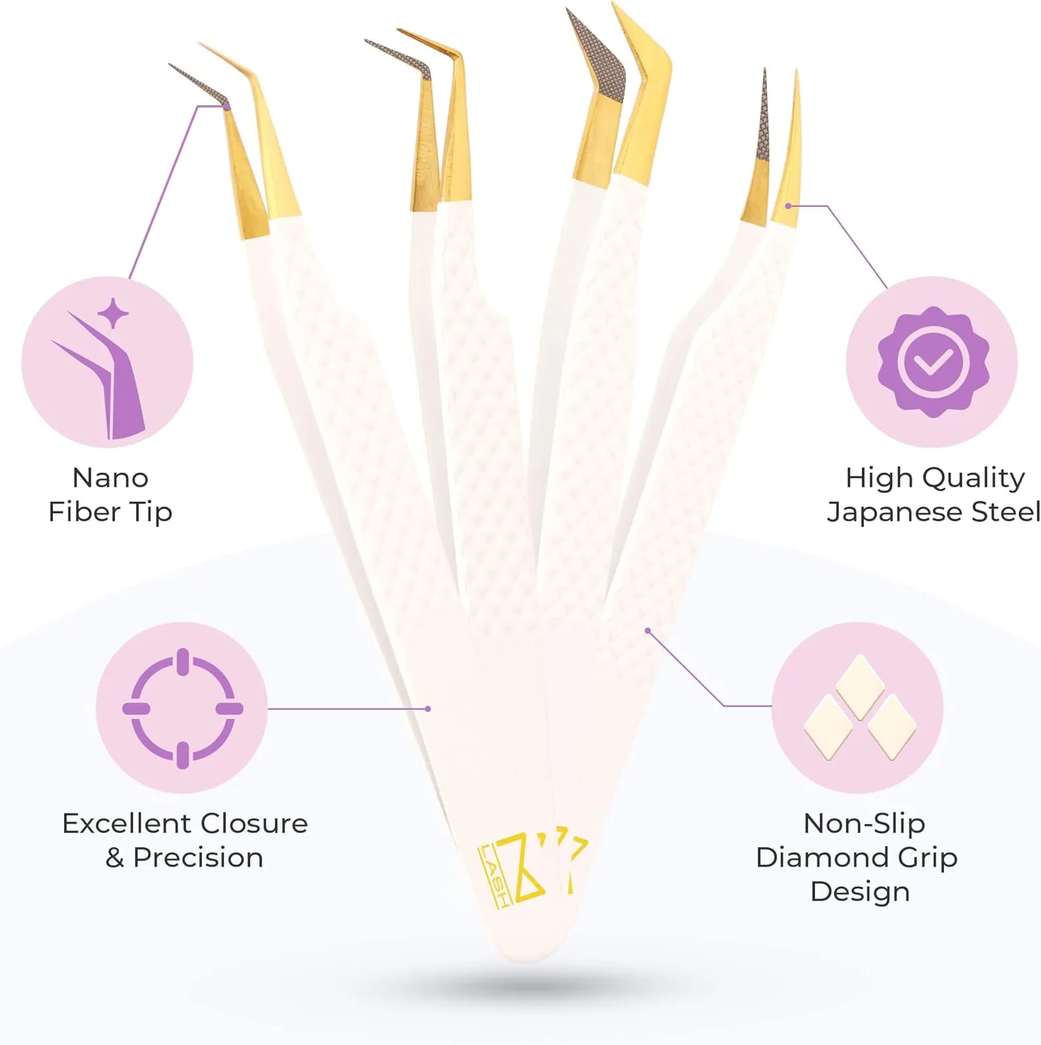 M LASH Eyelash Extension Tweezers (Set of 4) - Professional & Precision Lash Tweezers for Eyelash Extensions - Japanese Steel, Diamond Grip, Fiber Tip V5 (White)