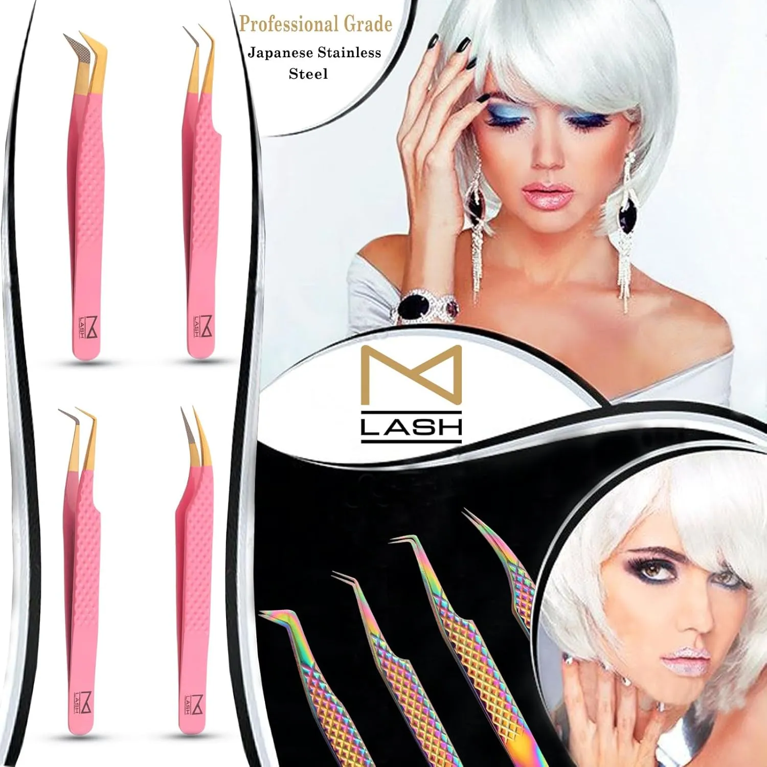 M LASH Eyelash Extension Tweezers (Set of 4) - Professional & Precision Lash Tweezers for Eyelash Extensions - Japanese Steel, Diamond Grip, Fiber Tip V5 (White)