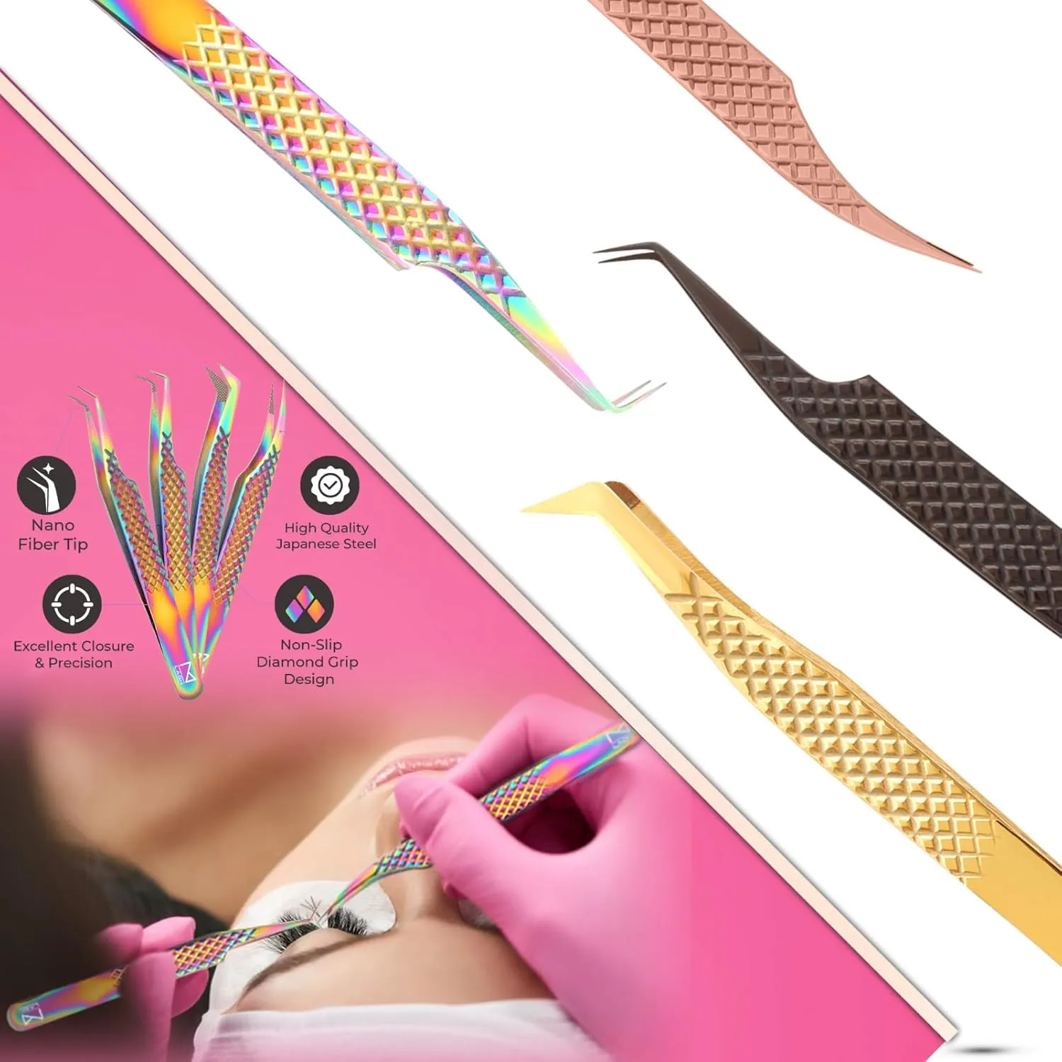 M LASH - Nano Fiber Tip - Diamond Grip Eyelash Exension Tweezer Set - V5 Professional Lash Tool (Rose Gold)