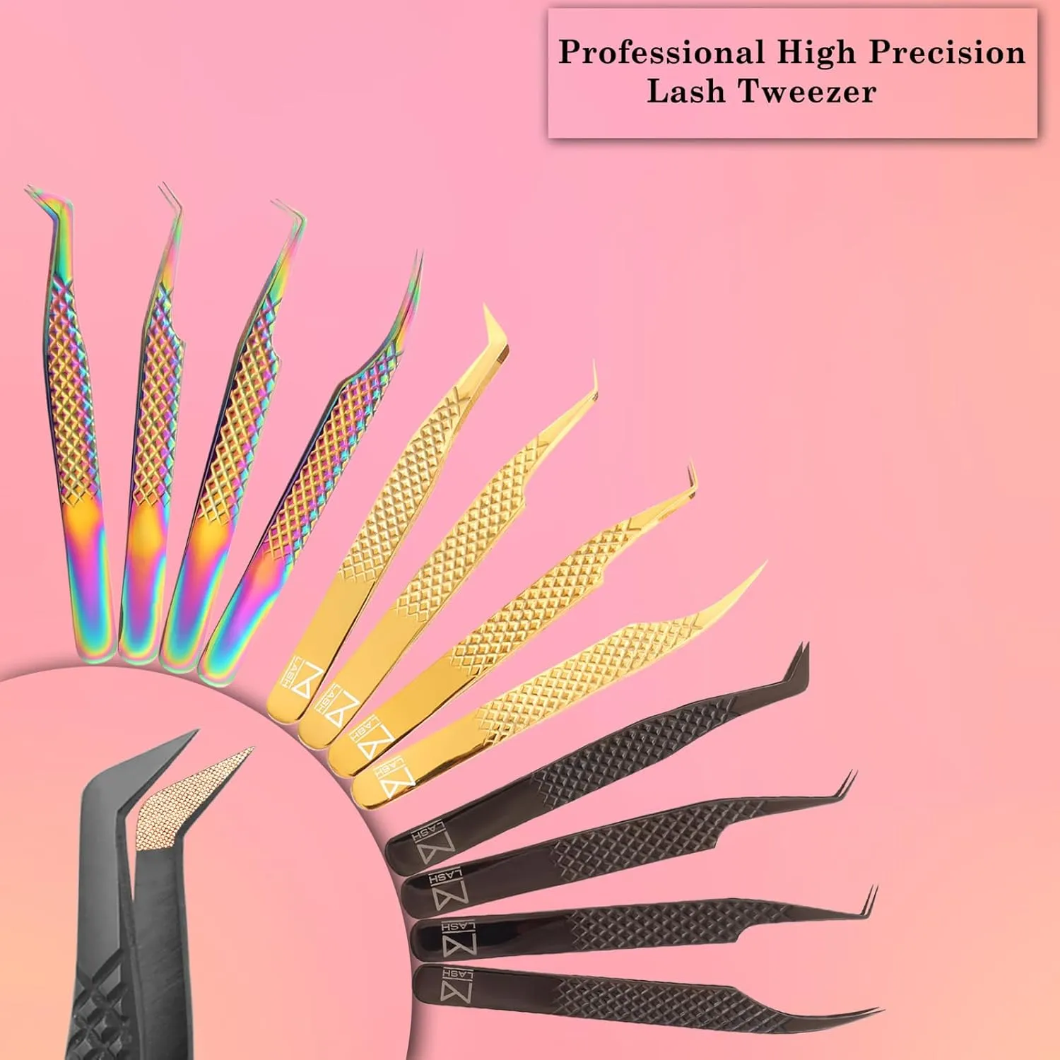 M LASH - Nano Fiber Tip - Diamond Grip Eyelash Exension Tweezer Set - V5 Professional Lash Tool (Rose Gold)