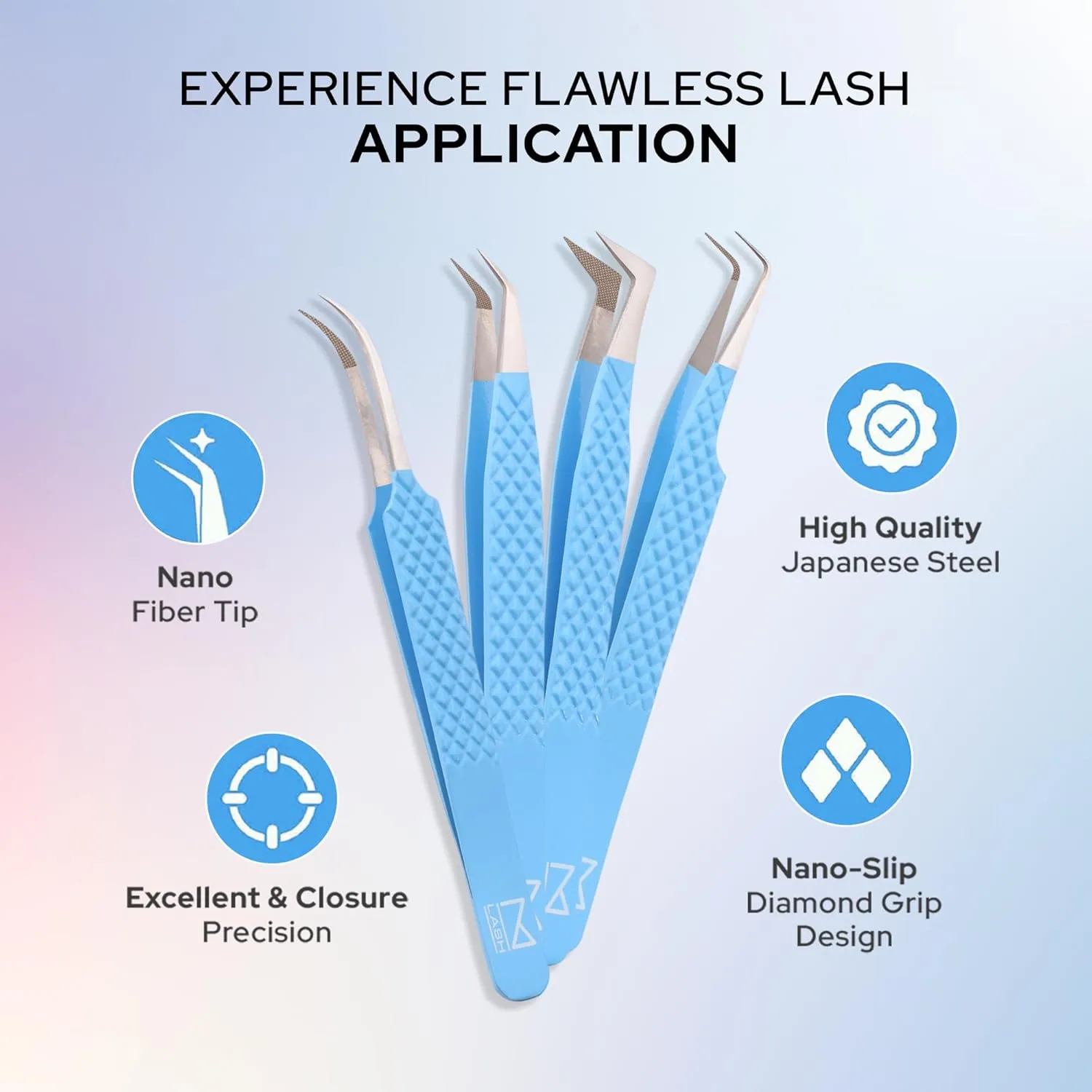 M LASH Tweezers for Eyelash Extensions (Set of 4) - Professional Lash Extension Tweezers - Fiber Tip, Japanese Steel, Diamond Grip Eyelash Extension Tweezer (F-SET)
