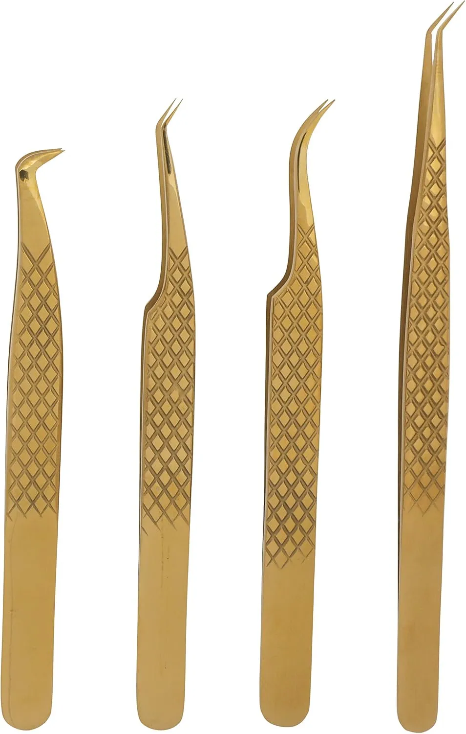M LASH Tweezers for Eyelash Extensions (Set of 4) - Professional Lash Extension Tweezers - Fiber Tip, Japanese Steel, Diamond Grip Eyelash Extension Tweezer (Gold)
