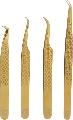 M LASH Tweezers for Eyelash Extensions (Set of 4) - Professional Lash Extension Tweezers - Fiber Tip, Japanese Steel, Diamond Grip Eyelash Extension Tweezer (Gold)