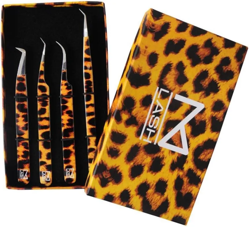 M LASH Tweezers for Eyelash Extensions (Set of 4) - Professional Lash Extension Tweezers - Fiber Tip, Japanese Steel, Diamond Grip Eyelash Extension Tweezer (Leopard)