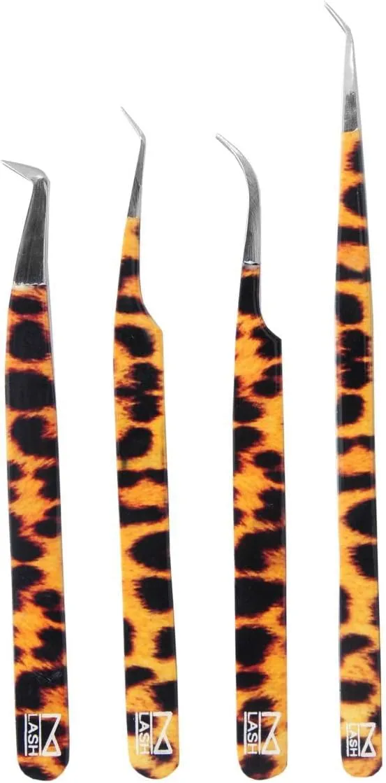 M LASH Tweezers for Eyelash Extensions (Set of 4) - Professional Lash Extension Tweezers - Fiber Tip, Japanese Steel, Diamond Grip Eyelash Extension Tweezer (Leopard)