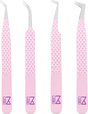 M LASH Tweezers for Eyelash Extensions (Set of 4) - Professional Lash Extension Tweezers - Fiber Tip, Japanese Steel, Diamond Grip Eyelash Extension Tweezer (Lilac)