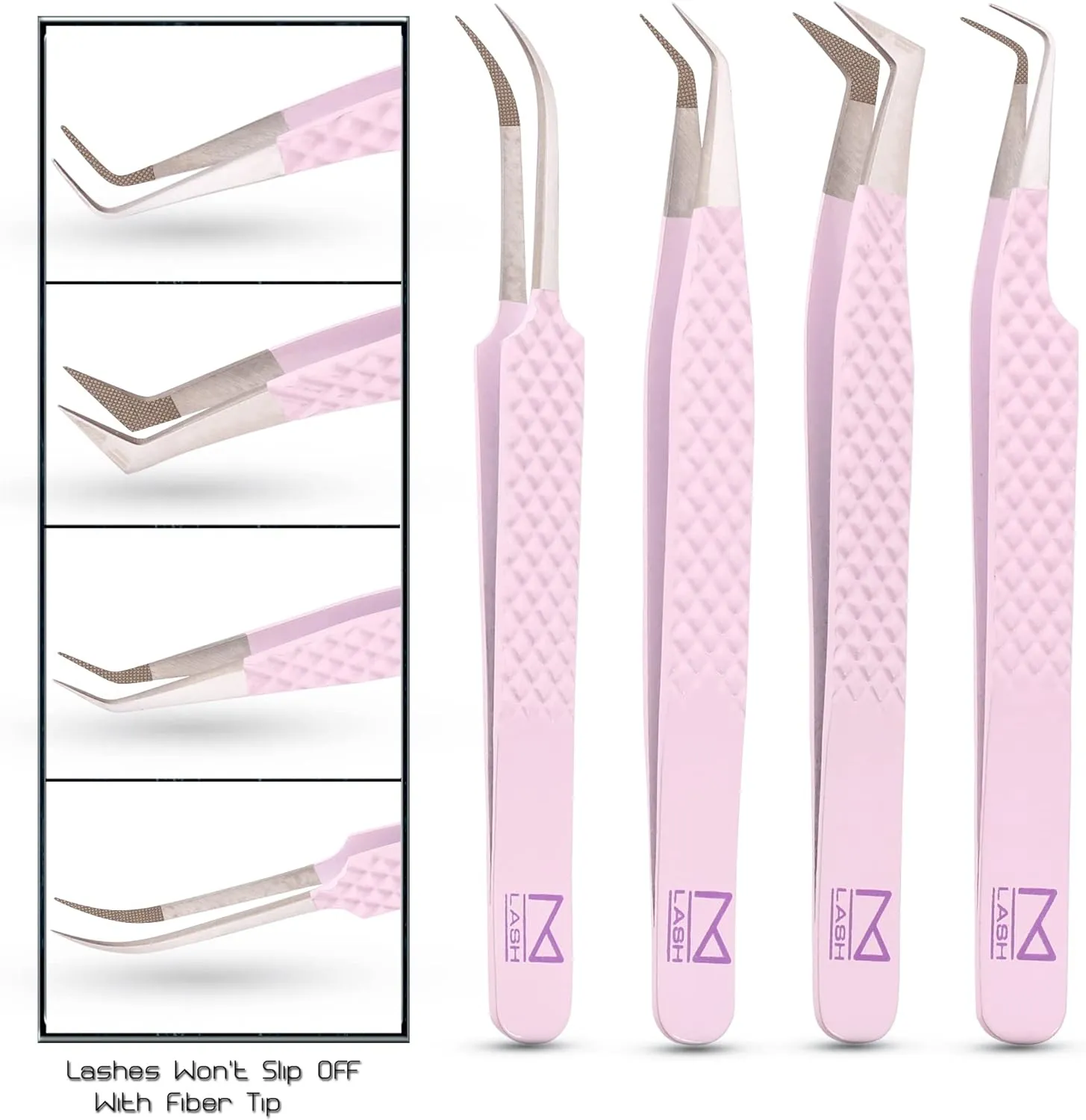 M LASH Tweezers for Eyelash Extensions (Set of 4) - Professional Lash Extension Tweezers - Fiber Tip, Japanese Steel, Diamond Grip Eyelash Extension Tweezer (Lilac)