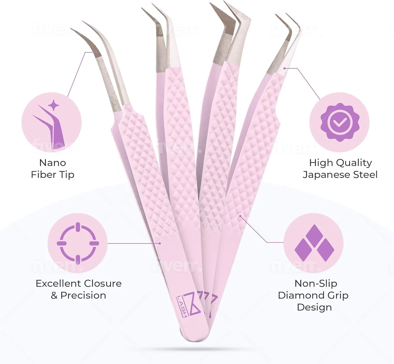 M LASH Tweezers for Eyelash Extensions (Set of 4) - Professional Lash Extension Tweezers - Fiber Tip, Japanese Steel, Diamond Grip Eyelash Extension Tweezer (Lilac)