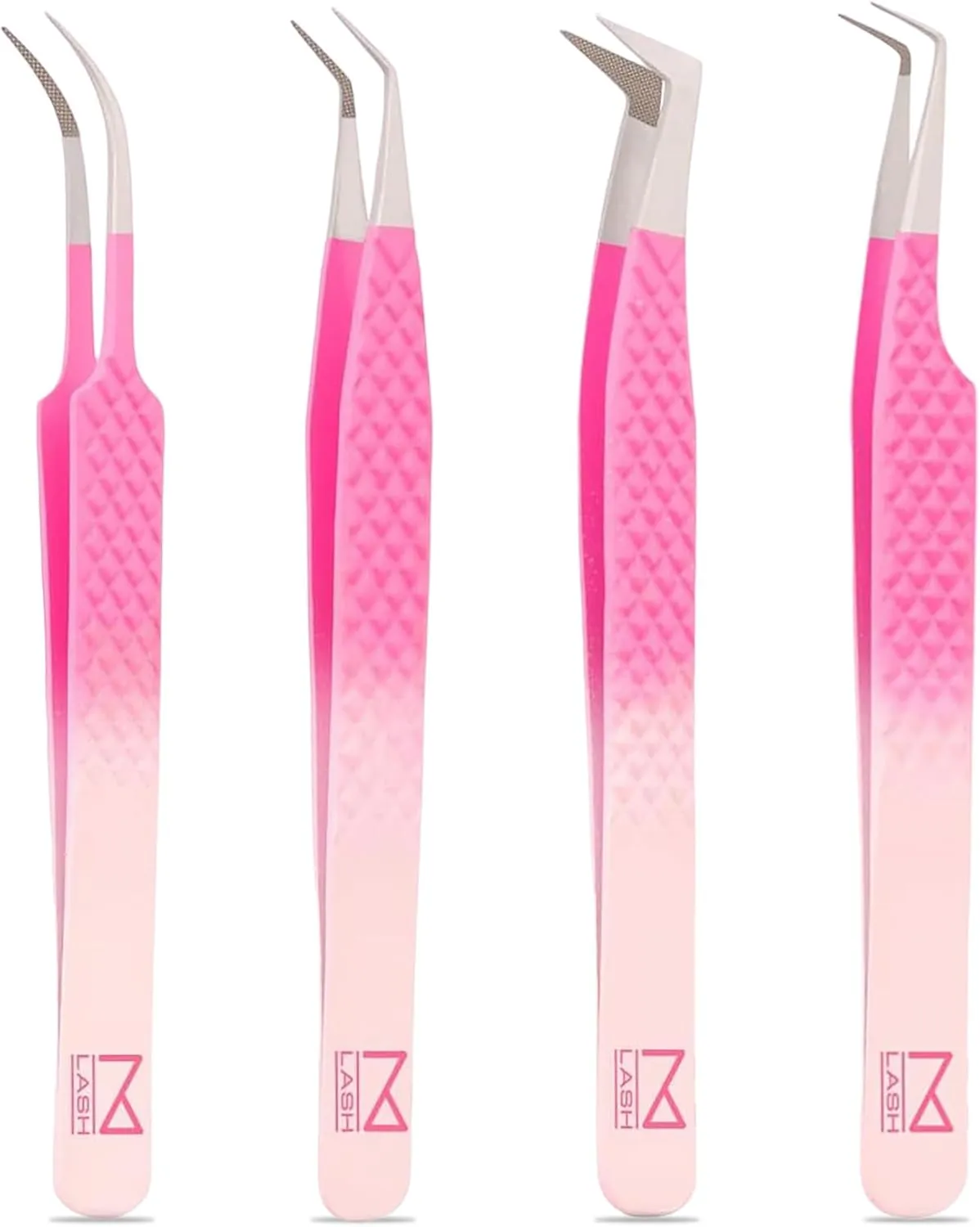 M LASH Tweezers for Eyelash Extensions (Set of 4) - Professional Lash Extension Tweezers - Fiber Tip, Japanese Steel, Diamond Grip Eyelash Extension Tweezer (Ombre)