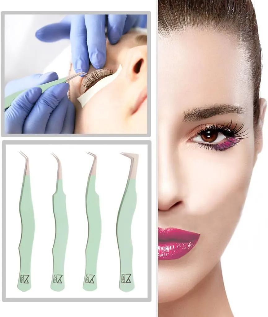 M LASH Tweezers for Eyelash Extensions (Set of 4) - Professional Lash Extension Tweezers - Fiber Tip, Japanese Steel, Diamond Grip Eyelash Extension Tweezer (Teal)