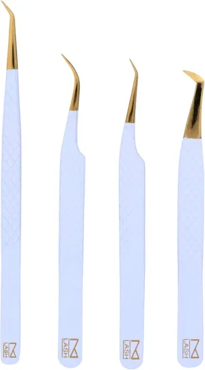 M LASH Tweezers for Eyelash Extensions (Set of 4) - Professional Lash Extension Tweezers - Fiber Tip, Japanese Steel, Diamond Grip Eyelash Extension Tweezer (White)