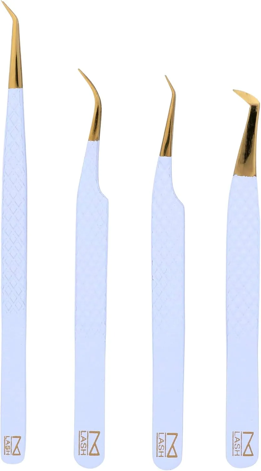 M LASH Tweezers for Eyelash Extensions (Set of 4) - Professional Lash Extension Tweezers - Fiber Tip, Japanese Steel, Diamond Grip Eyelash Extension Tweezer (White)