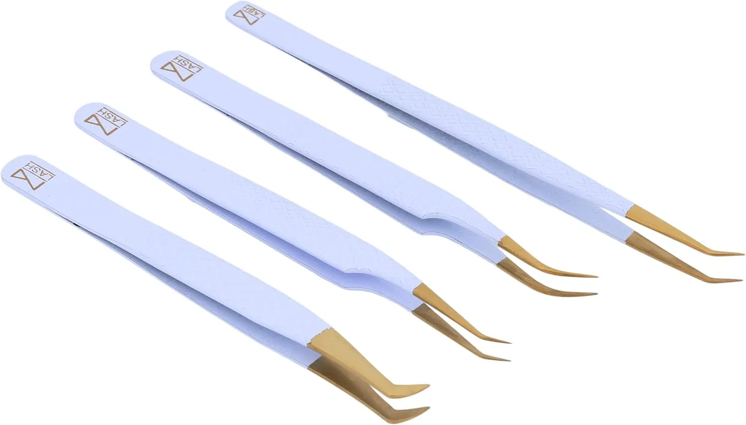 M LASH Tweezers for Eyelash Extensions (Set of 4) - Professional Lash Extension Tweezers - Fiber Tip, Japanese Steel, Diamond Grip Eyelash Extension Tweezer (White)