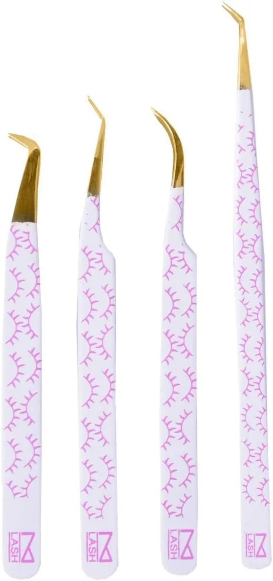 M LASH Tweezers for Eyelash Extensions (Set of 4) - Professional Lash Extension Tweezers - Fiber Tip, Japanese Steel, Diamond Grip Eyelash Extension Tweezer (WP-SET)