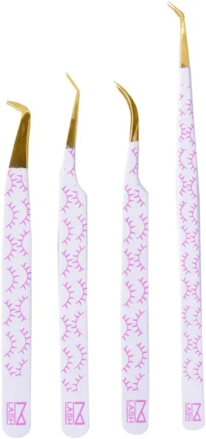 M LASH Tweezers for Eyelash Extensions (Set of 4) - Professional Lash Extension Tweezers - Fiber Tip, Japanese Steel, Diamond Grip Eyelash Extension Tweezer (WP-SET)