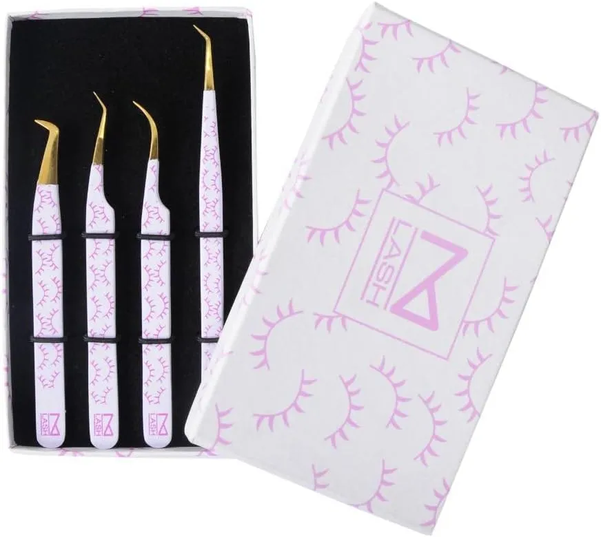 M LASH Tweezers for Eyelash Extensions (Set of 4) - Professional Lash Extension Tweezers - Fiber Tip, Japanese Steel, Diamond Grip Eyelash Extension Tweezer (WP-SET)