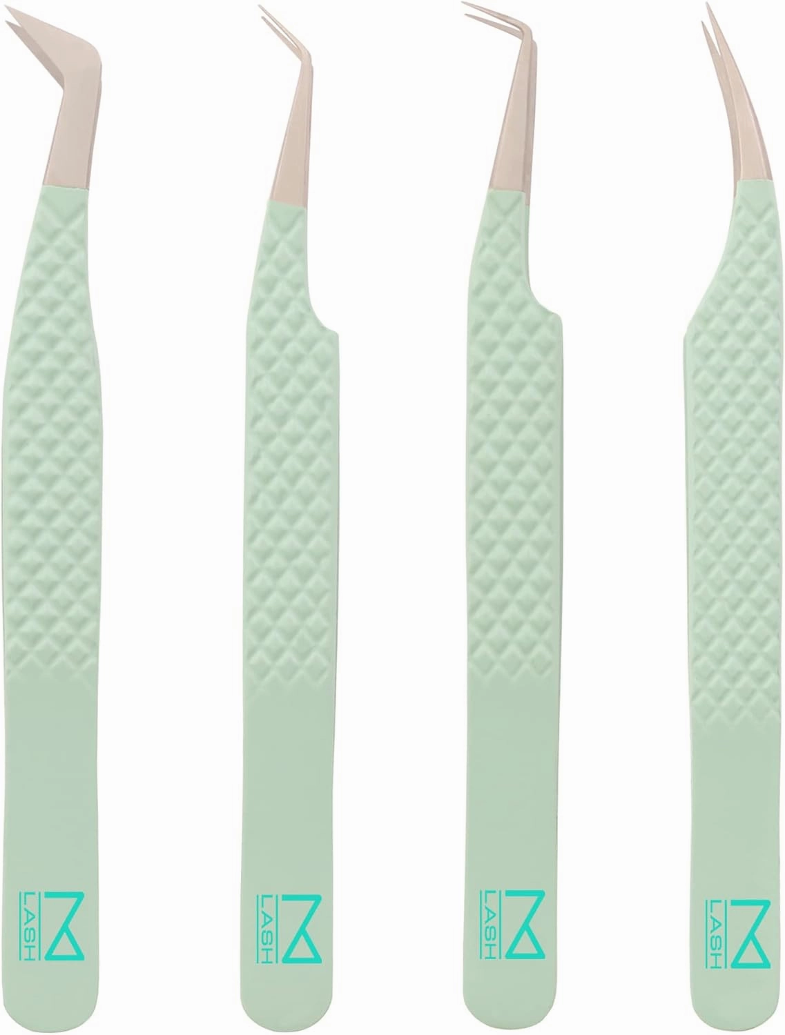 M LASH Eyelash Extension Tweezers (Set of 4) - Professional & Precision Lash Tweezers for Eyelash Extensions - Japanese Steel, Diamond Grip, Fiber Tip V5 (Green)