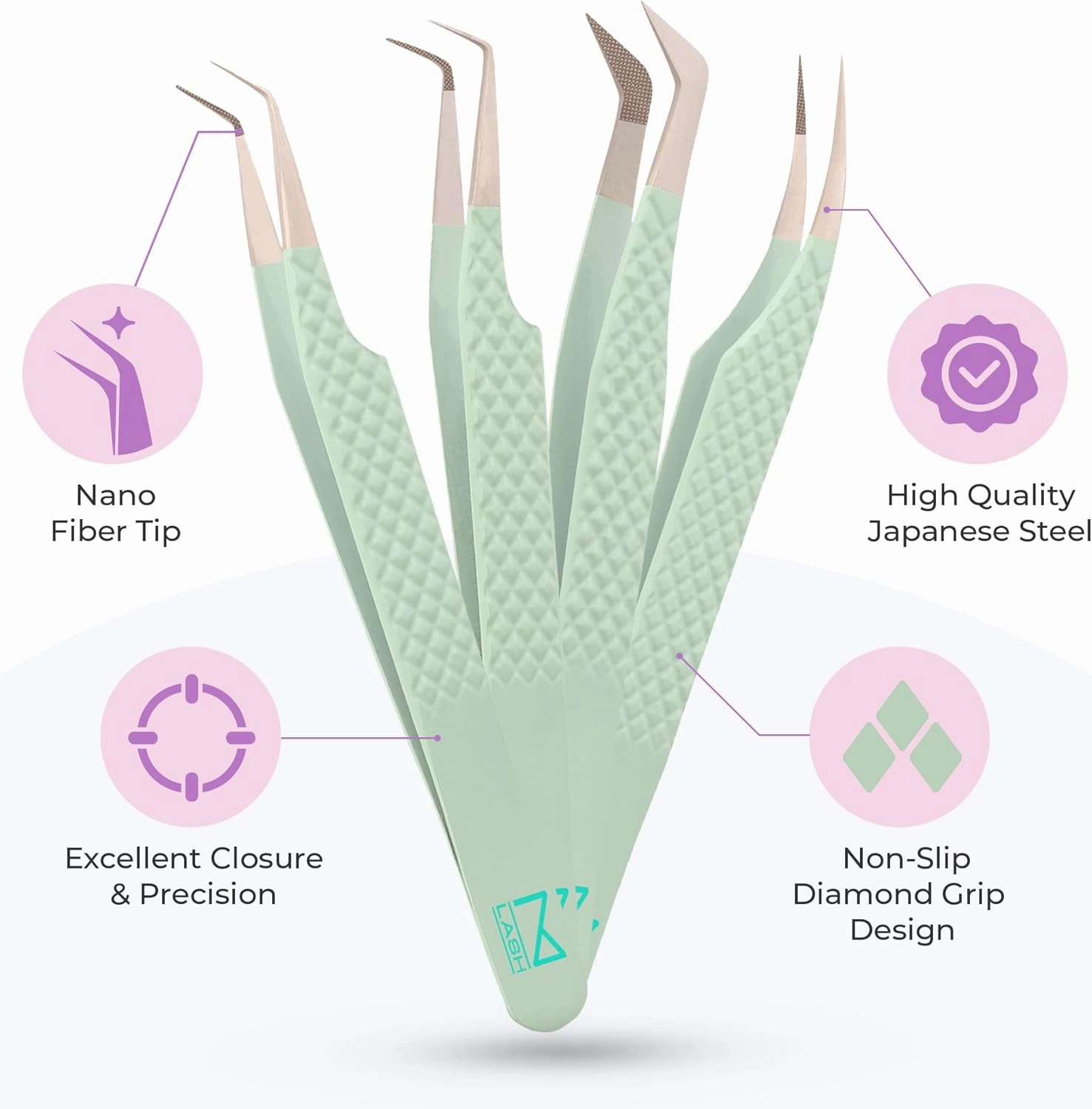 M LASH Eyelash Extension Tweezers (Set of 4) - Professional & Precision Lash Tweezers for Eyelash Extensions - Japanese Steel, Diamond Grip, Fiber Tip V5 (Green)