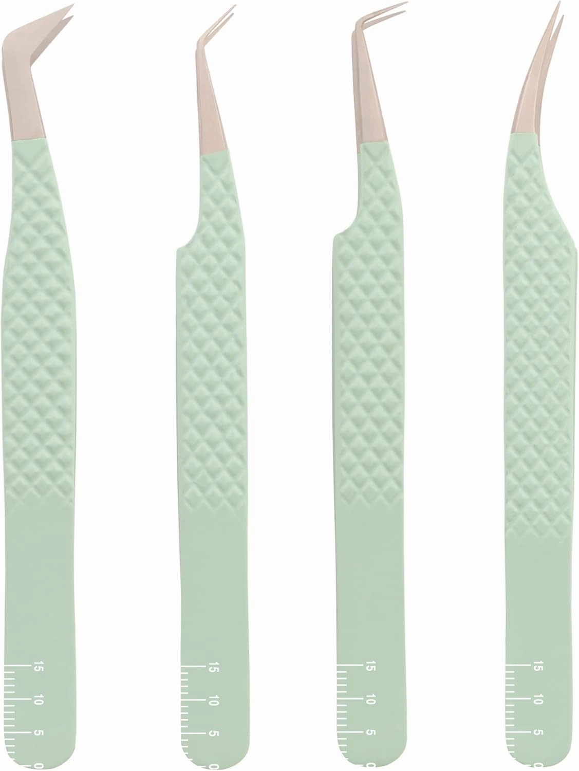M LASH Eyelash Extension Tweezers (Set of 4) - Professional & Precision Lash Tweezers for Eyelash Extensions - Japanese Steel, Diamond Grip, Fiber Tip V5 (Green)