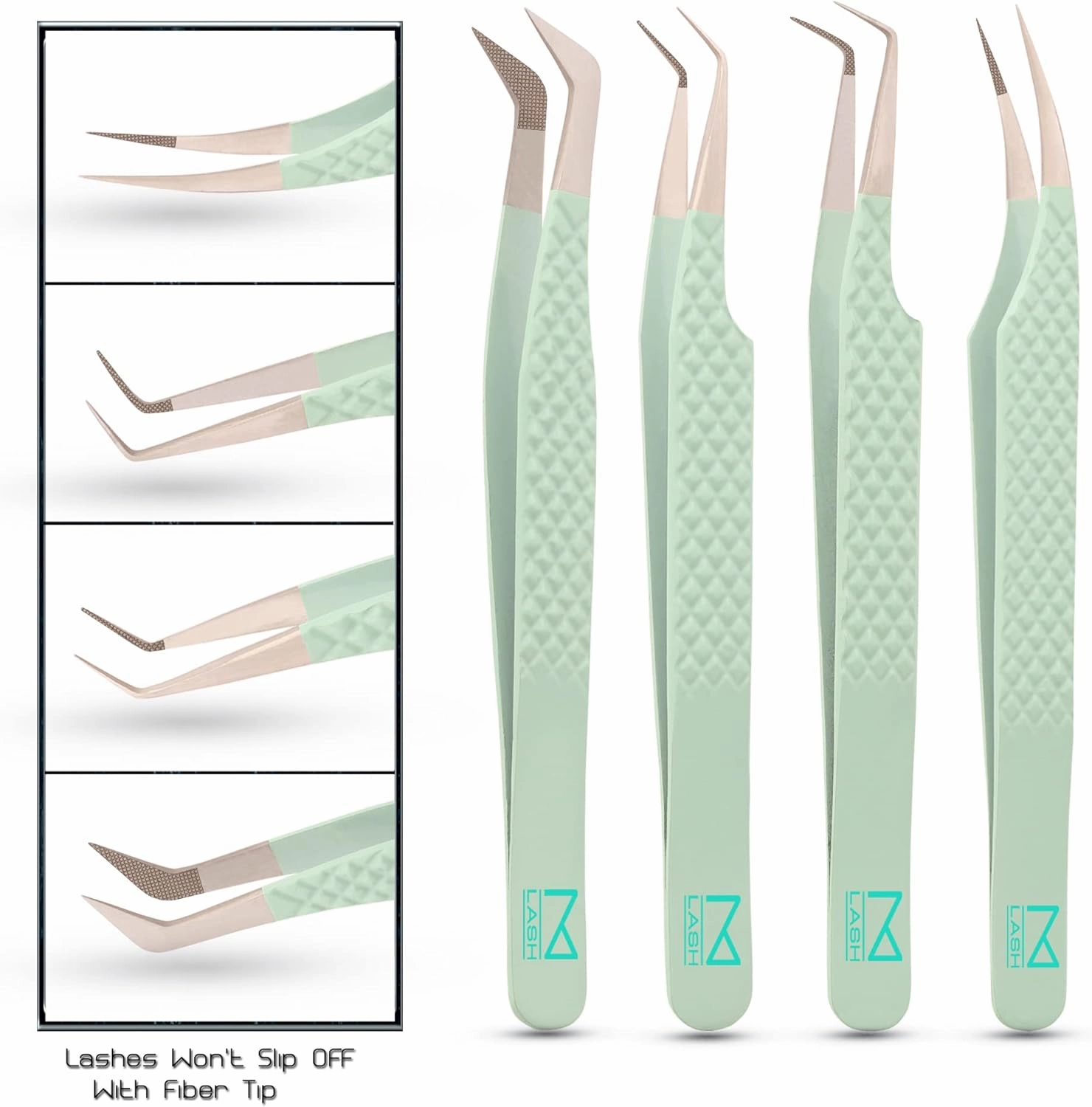 M LASH Eyelash Extension Tweezers (Set of 4) - Professional & Precision Lash Tweezers for Eyelash Extensions - Japanese Steel, Diamond Grip, Fiber Tip V5 (Green)