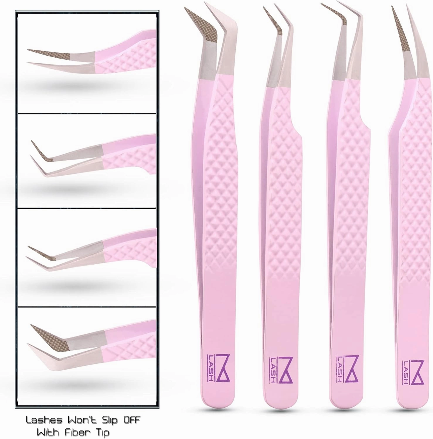M LASH Eyelash Extension Tweezers (Set of 4) - Professional & Precision Lash Tweezers for Eyelash Extensions - Japanese Steel, Diamond Grip, Fiber Tip V5 (Lilac)