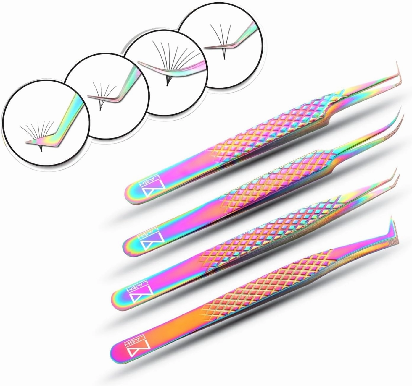 M LASH Eyelash Extension Tweezers (Set of 4) - Professional & Precision Lash Tweezers for Eyelash Extensions - Japanese Steel, Diamond Grip, Fiber Tip V5 (Lilac)