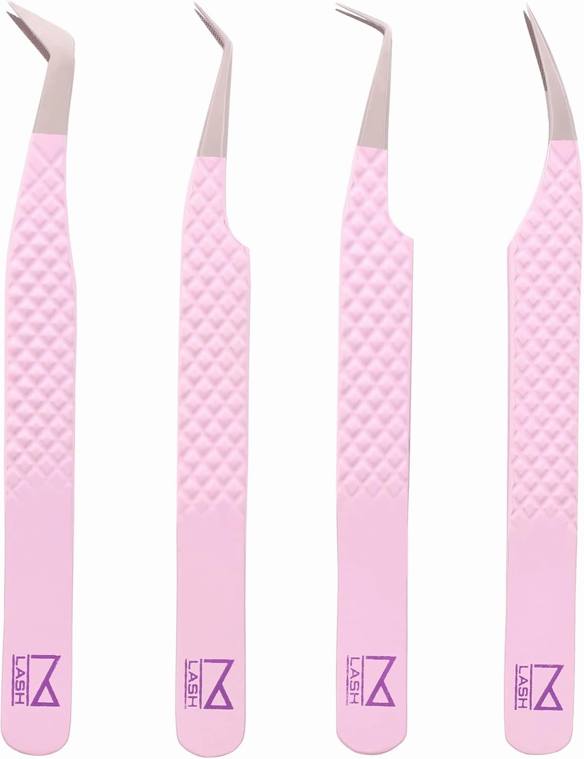M LASH Eyelash Extension Tweezers (Set of 4) - Professional & Precision Lash Tweezers for Eyelash Extensions - Japanese Steel, Diamond Grip, Fiber Tip V5 (Lilac)