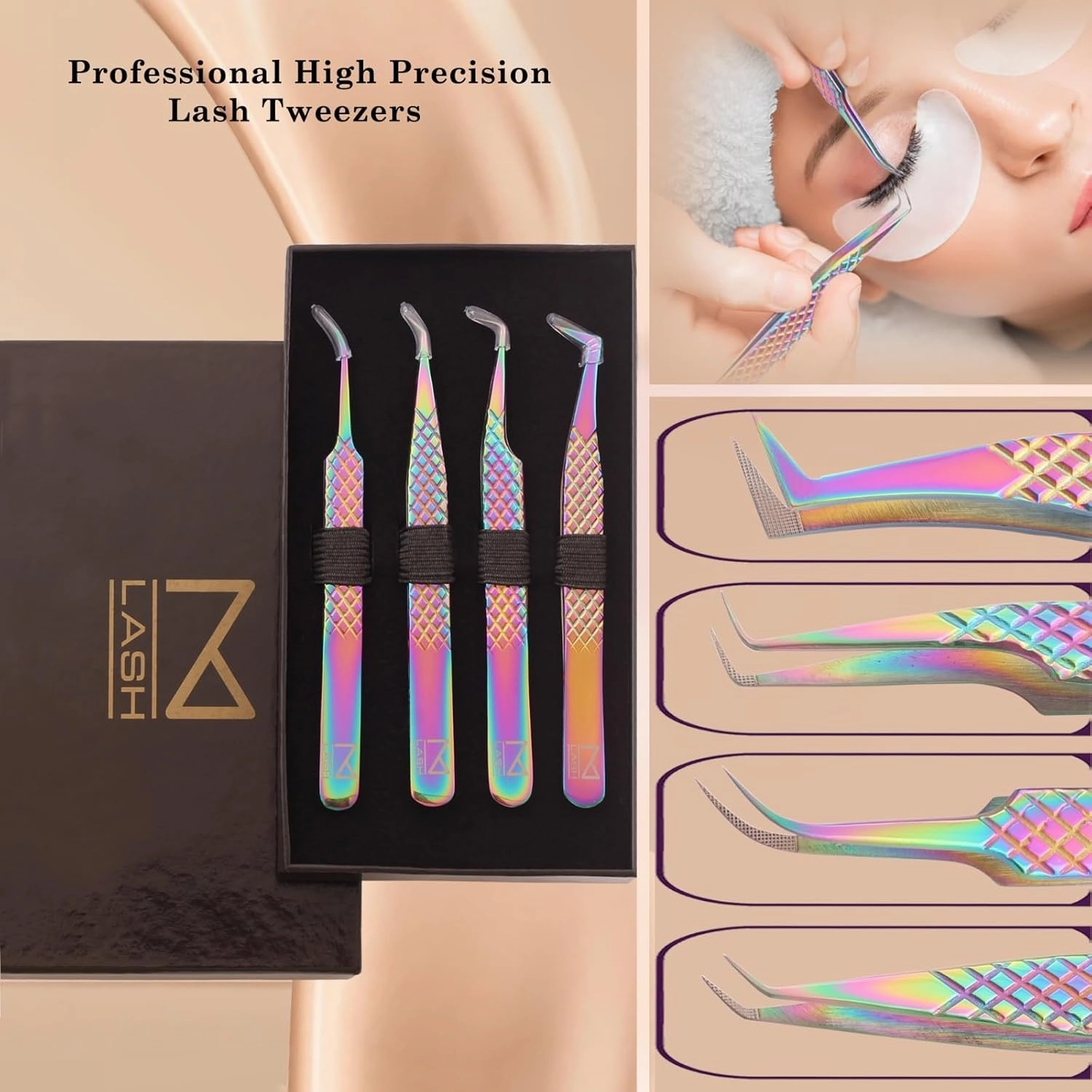 M LASH Eyelash Extension Tweezers (Set of 4) - Professional & Precision Lash Tweezers for Eyelash Extensions - Japanese Steel, Diamond Grip, Fiber Tip V5 (Lilac)