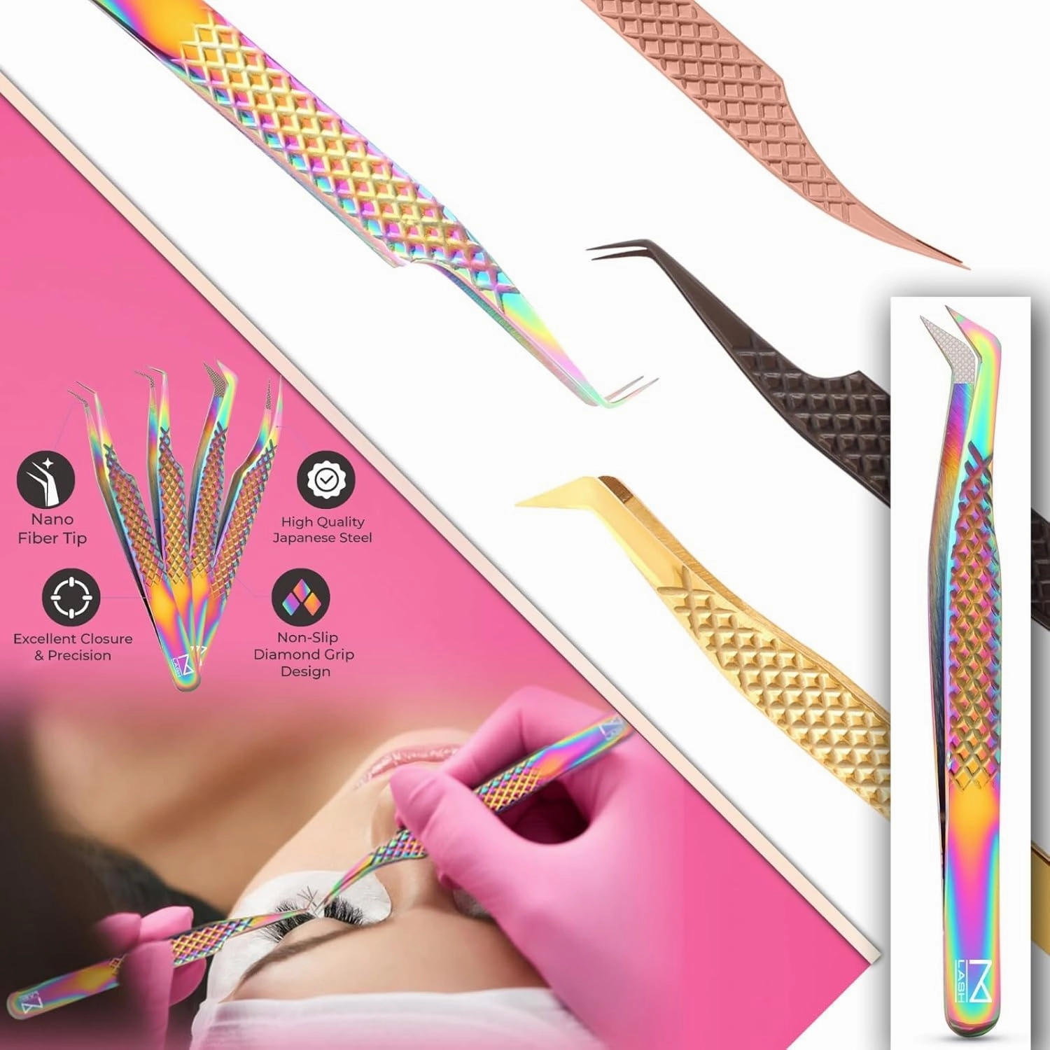 M LASH Eyelash Extension Tweezers (Set of 4) - Professional & Precision Lash Tweezers for Eyelash Extensions - Japanese Steel, Diamond Grip, Fiber Tip V5 (Lilac)