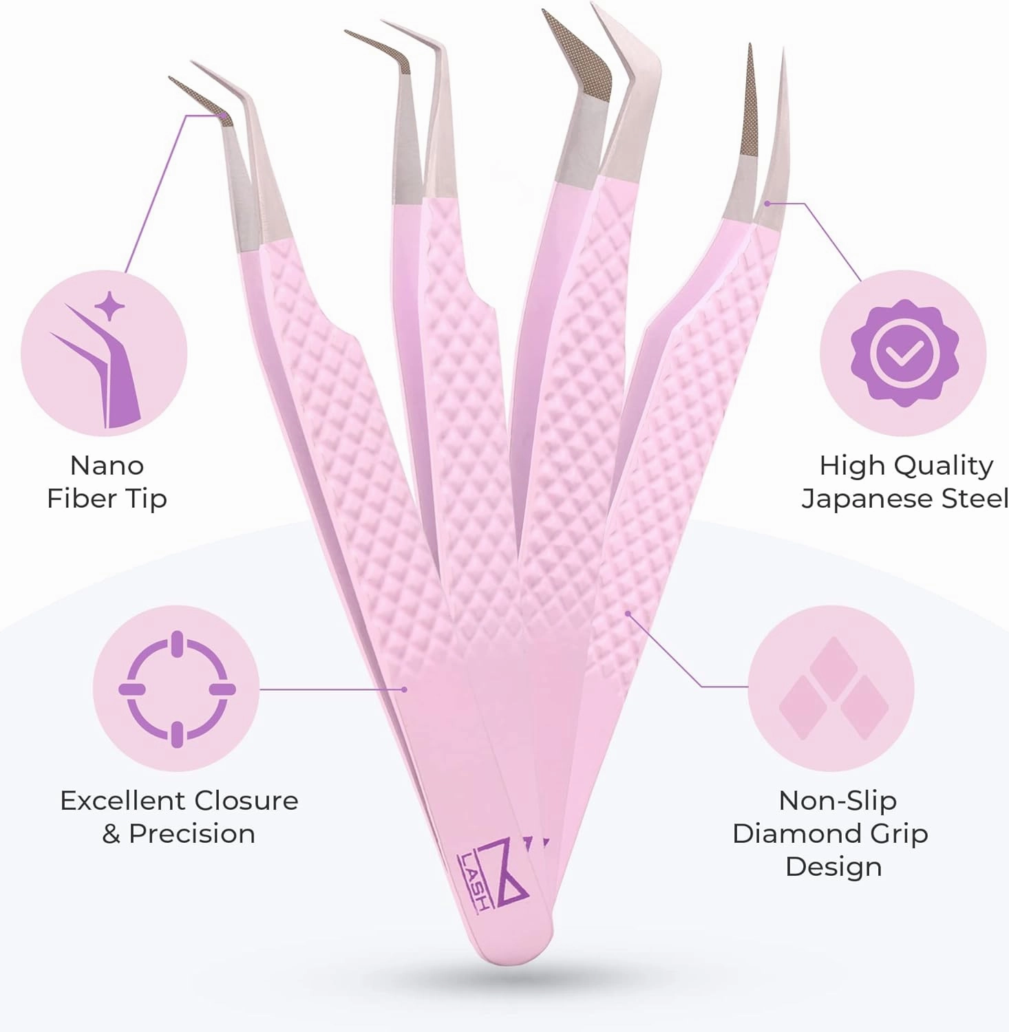 M LASH Eyelash Extension Tweezers (Set of 4) - Professional & Precision Lash Tweezers for Eyelash Extensions - Japanese Steel, Diamond Grip, Fiber Tip V5 (Lilac)